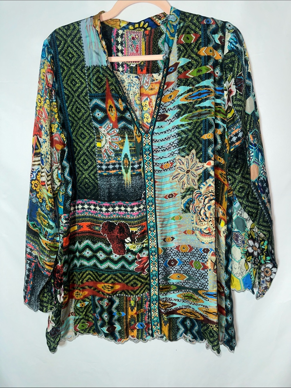 Johnny Was cane silk Multicolor V-Neck Patchwork Tunic — Teal, Green, Blue,
